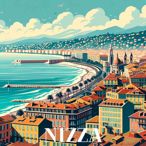 Scenic view of Nizza Riviera with colorful buildings, palm-lined beach, and cloudy sky.