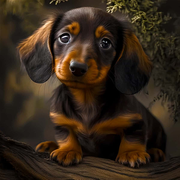 Malen nach Zahlen - Niedlicher Dackel blickt in Kamera, sitzend auf einem Baumstamm, entspannende Malaktivität.
