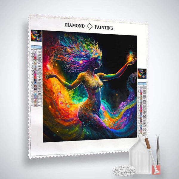 Diamond Painting Kit Universum Frau - vibrant cosmic woman design with included tools and acrylic diamonds