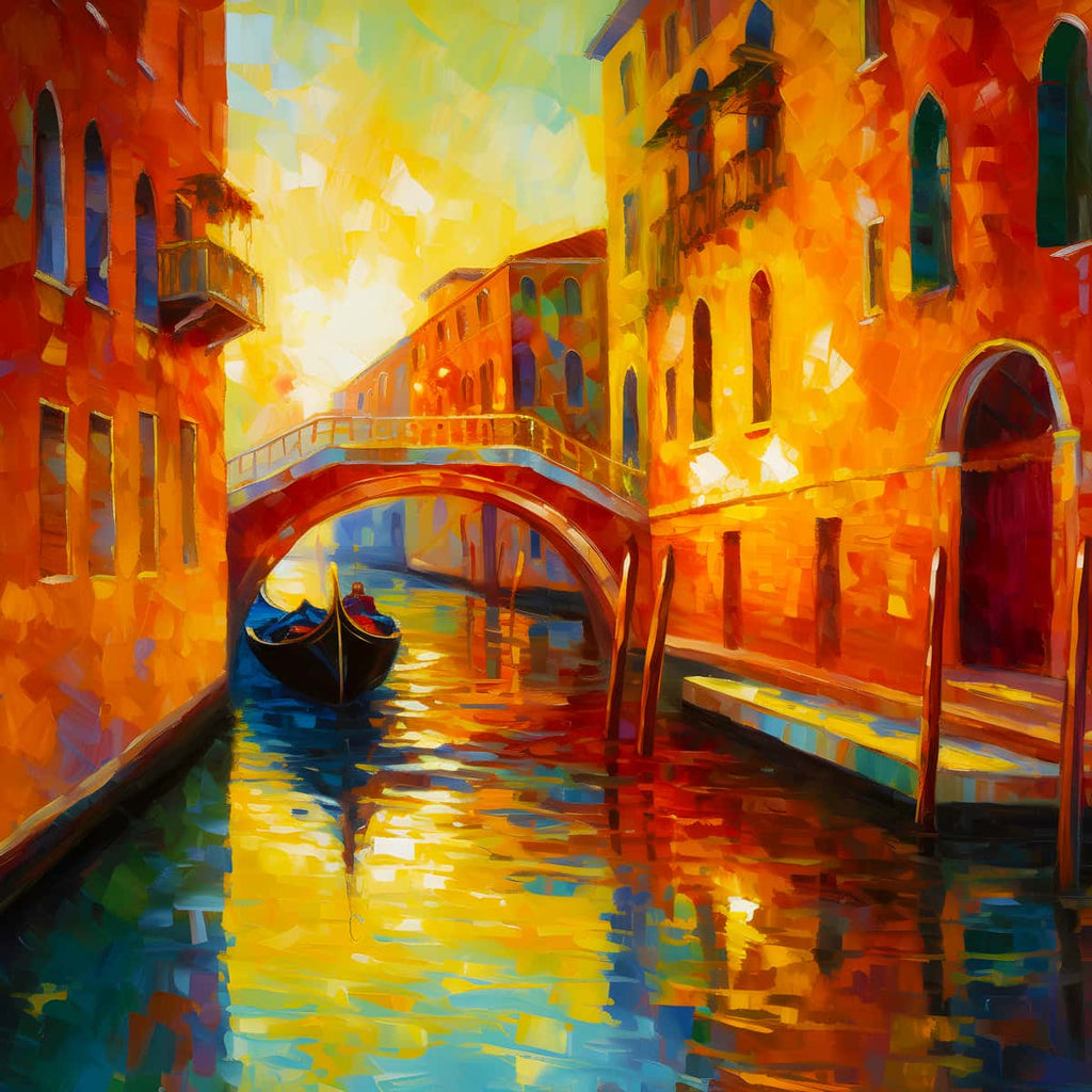 Venedig Klassisch Diamond Painting Kit featuring a vibrant canal scene with arched bridge and gondola at sunset