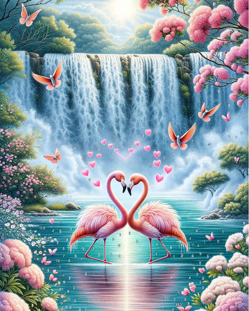 Malen nach Zahlen - Flamingo Herz Wasserfall