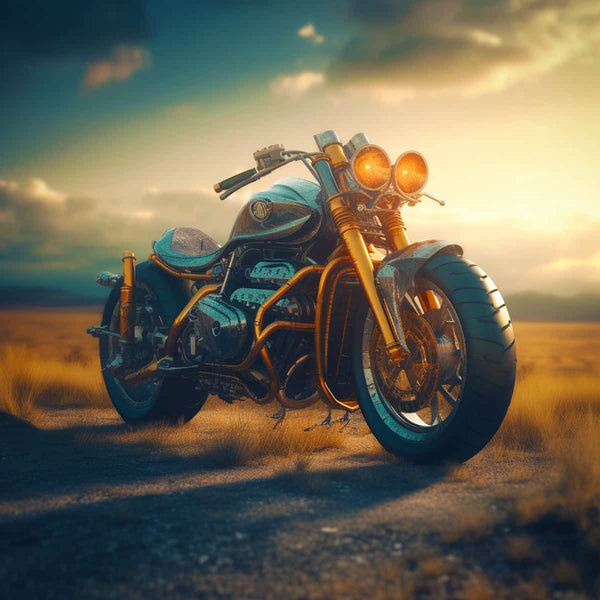 Retro motorcycle on an open road at sunset with dramatic lighting and golden hues sky