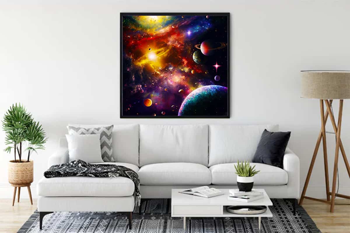 Painting by numbers space nebula decor on living room wall with white sofa and modern furnishings.