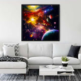 Painting by numbers space nebula decor on living room wall with white sofa and modern furnishings.