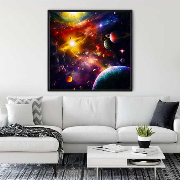 Painting by numbers space nebula decor on living room wall with white sofa and modern furnishings.