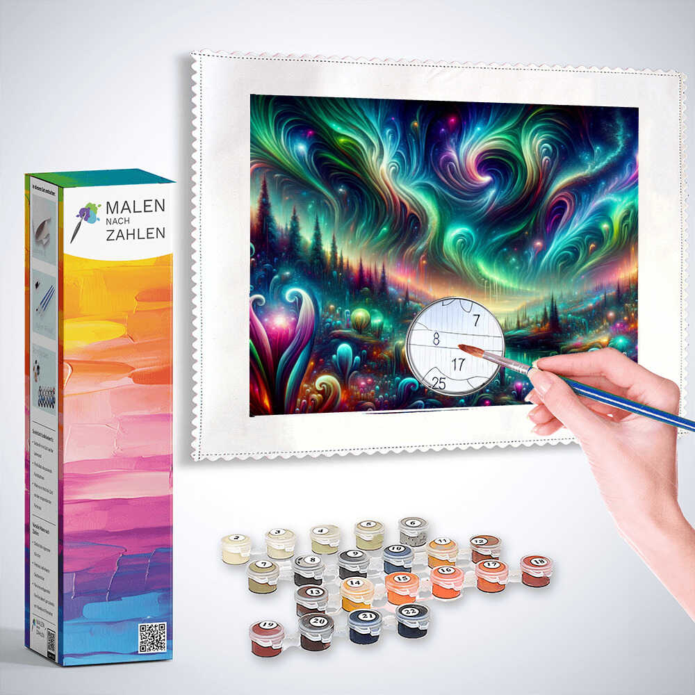 Malen nach Zahlen Kit Kosmischer Lebensfluss mit bunten Farben und mystischem Kunstwerk.