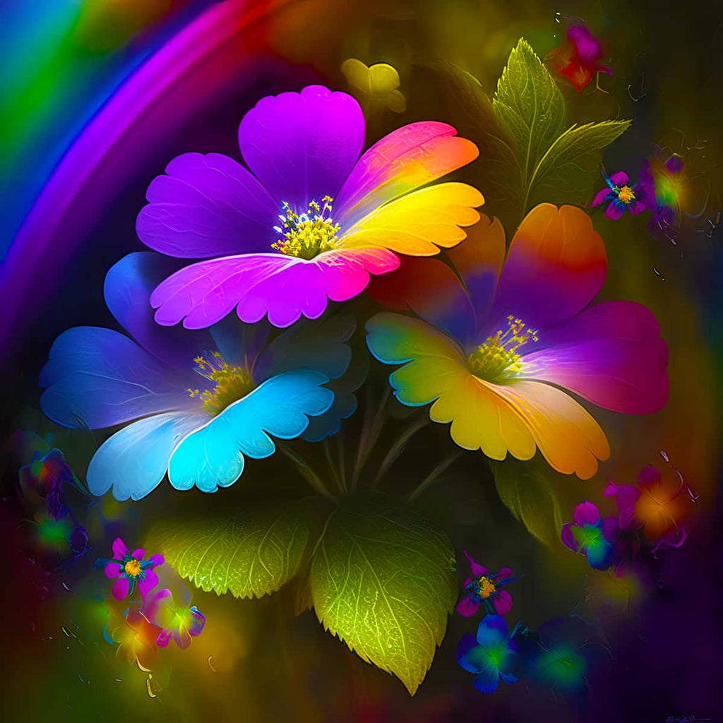 Colorful painting of enchanted flowers with vibrant petals and green leaves, perfect for paint-by-number relaxation activities.