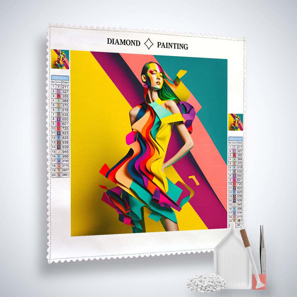 AB Diamond Painting - Abstraktes Kleid, farbenfrohes Kunstwerk auf Leinwand mit inkludierten Diamond Painting Werkzeugen