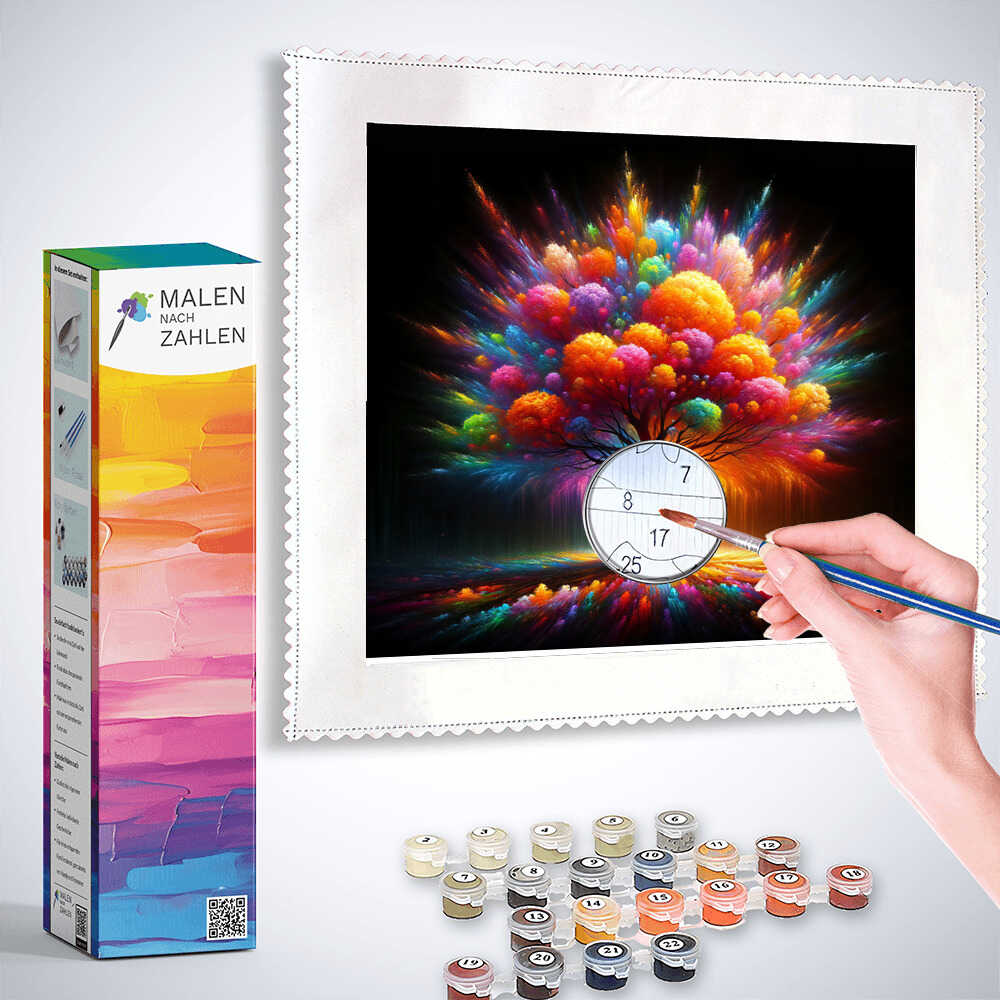 Painting by numbers kit for "Prachtvoller Wunderbaum" with vibrant colors, canvas, and paint pots displayed, hand painting a numbered section.