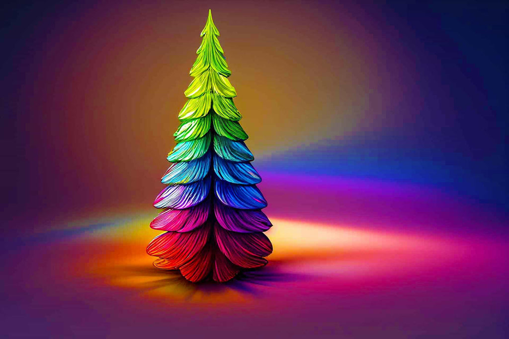 Abstract colorful Christmas tree painting with vibrant rainbow hues on a gradient background