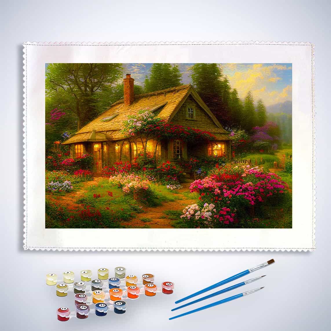 Paint by Numbers kit of a vintage rose cottage with a scenic garden, featuring paint pots and brushes for a relaxing painting experience.
