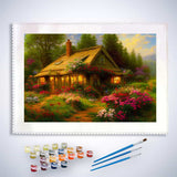 Paint by Numbers kit of a vintage rose cottage with a scenic garden, featuring paint pots and brushes for a relaxing painting experience.