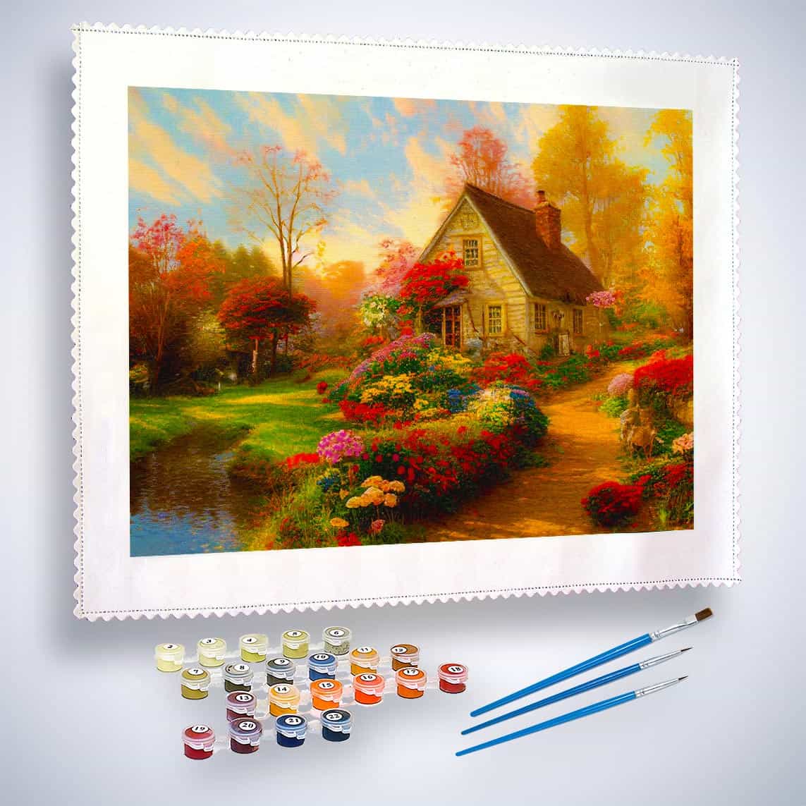 Paint by Numbers kit - Flowers Path to House by the Lake with paint pots and brushes