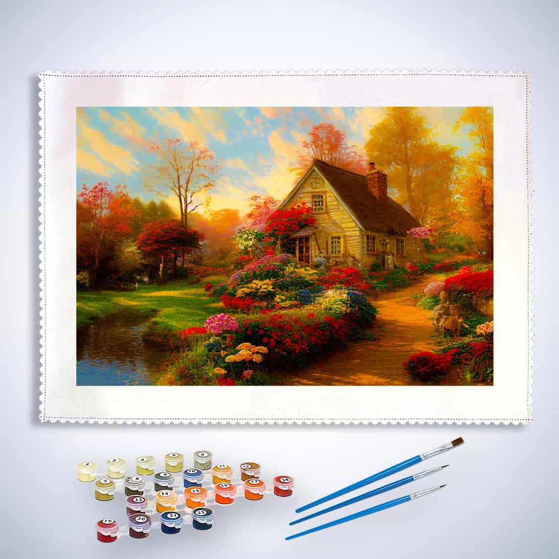 Malen nach Zahlen - Blumenweg zum Haus am See Set mit Farben und Pinseln