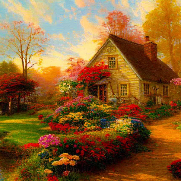 Painting by numbers of a charming house by a lake with a floral pathway, featuring vibrant flowers and serene autumn scenery.
