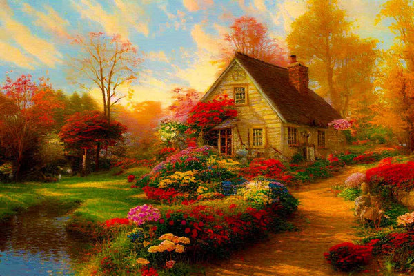 Painting by numbers of a charming house by a lake with a floral pathway, featuring vibrant flowers and serene autumn scenery.