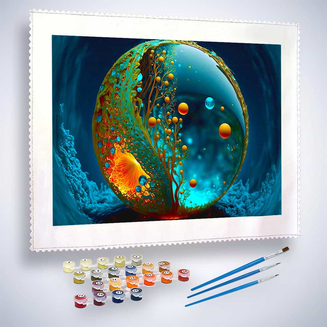 Painting kit for Malen nach Zahlen Tropfen Welt with colorful globe and paint supplies