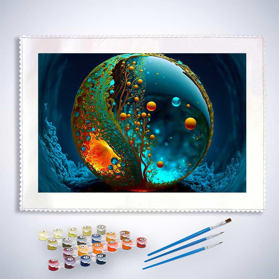 Malen nach Zahlen - Tropfen Welt paint-by-numbers kit with vibrant artwork and painting supplies on display.
