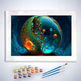 Malen nach Zahlen - Tropfen Welt paint-by-numbers kit with vibrant artwork and painting supplies on display.