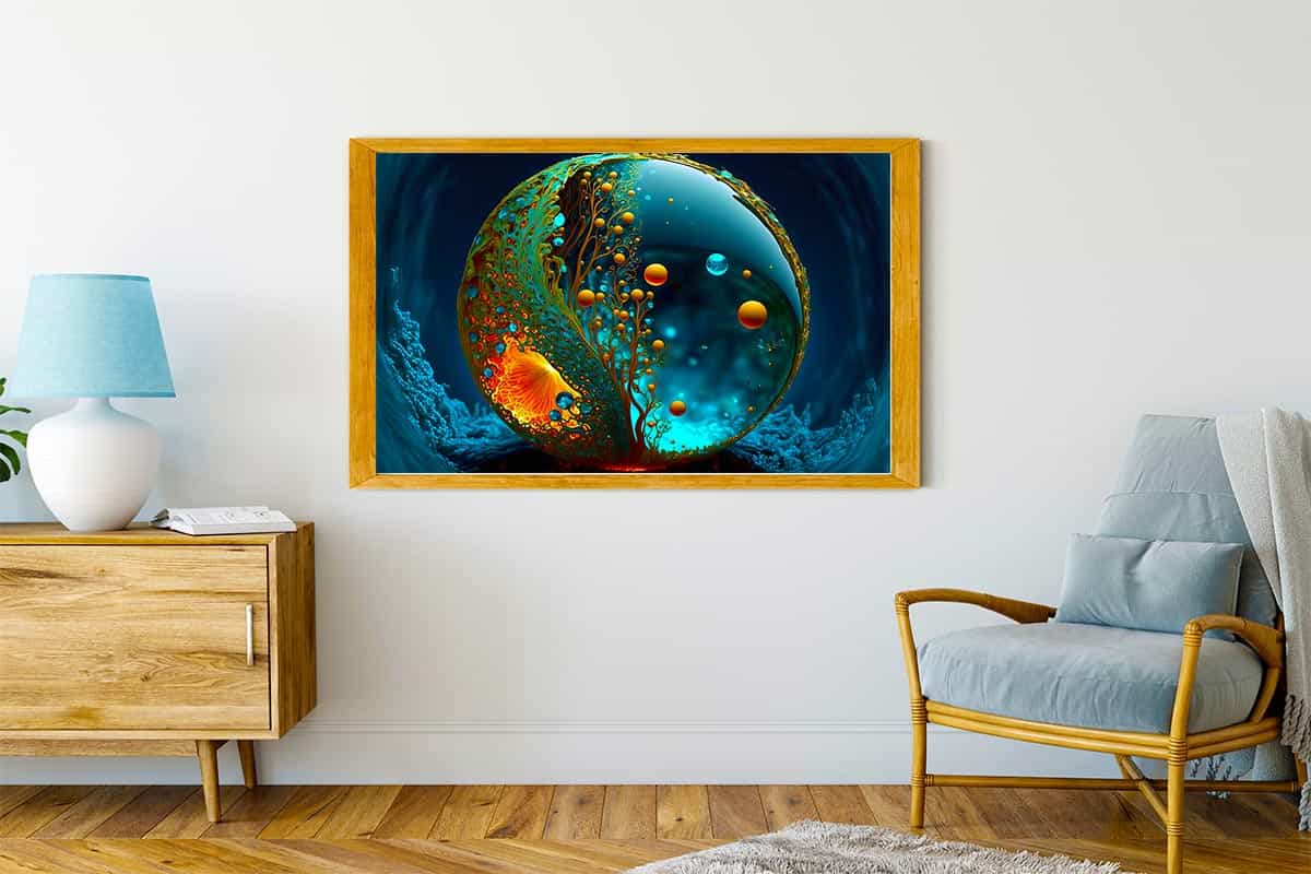 "Diamond Painting Tropfen Welt framed art displayed in modern living room decor setting"