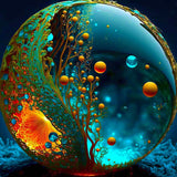 Intricate, colorful abstract globe with fluid patterns and glowing spheres, part of the 