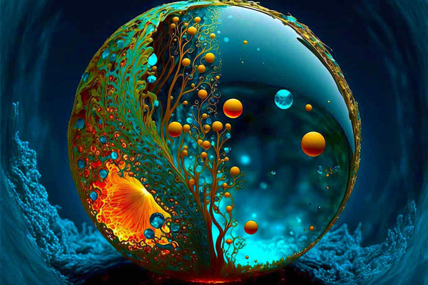 Intricate, colorful abstract globe with fluid patterns and glowing spheres, part of the 