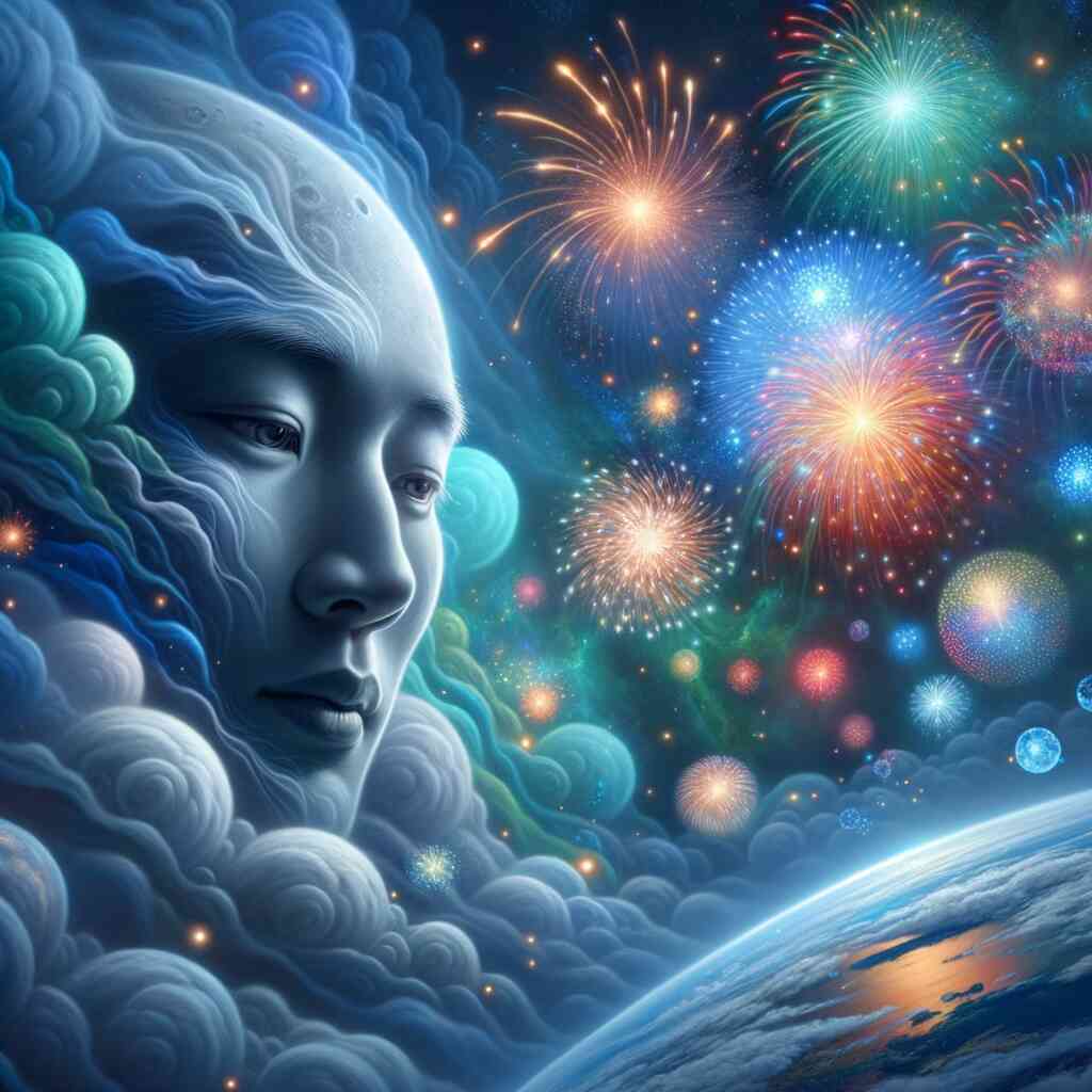 Surreal cosmic art of a serene face in clouds with colorful fireworks over Earth, representing Malen nach Zahlen - Kosmische Euphorie.