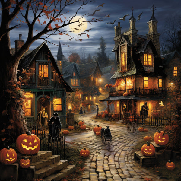 Halloween-Dorf mit leuchtenden Kürbissen, gruselig geschmückten Häusern und schauriger Atmosphäre beim Malen nach Zahlen