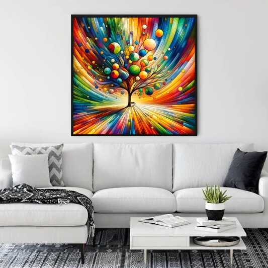 Colorful tree of life painting on wall above modern white sofa in stylish living room.