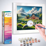 Malen nach Zahlen - Idyllisches Landleben Kit with hand painting a scene of a rural landscape with sheep and barn
