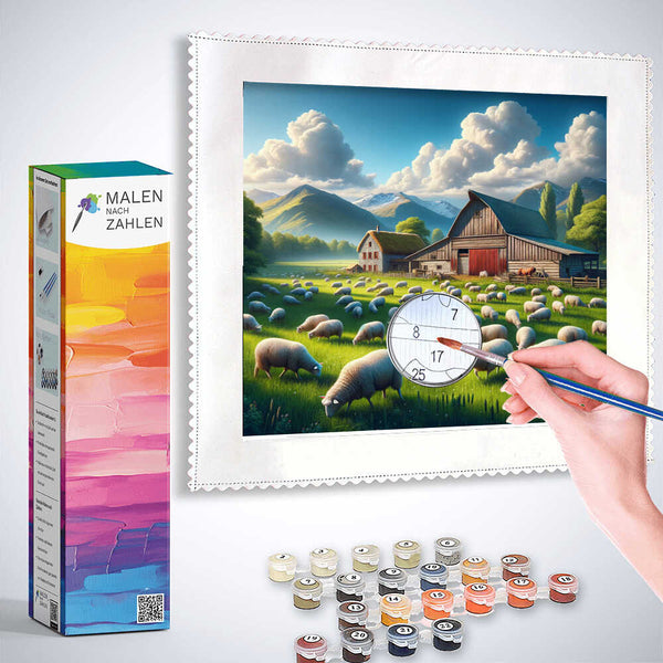 Malen nach Zahlen - Idyllisches Landleben Kit with hand painting a scene of a rural landscape with sheep and barn
