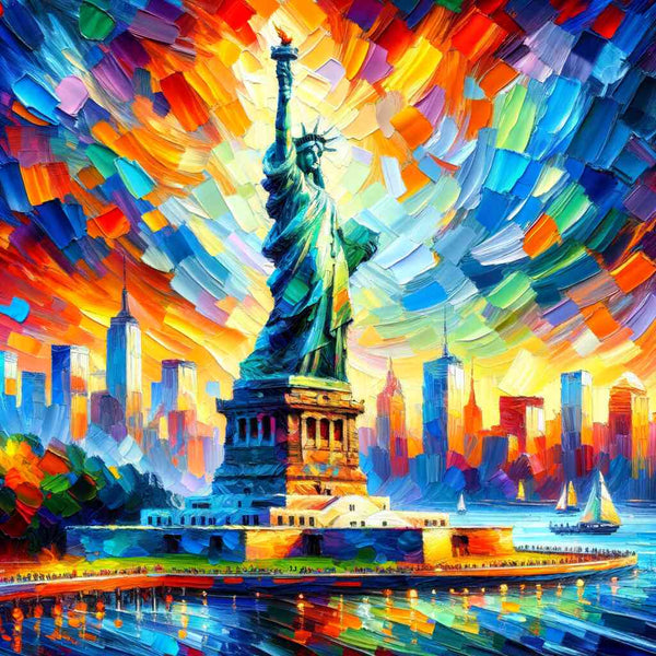 Colorful painting of Statue of Liberty with vibrant explosion of abstract colors in the background and city skyline.