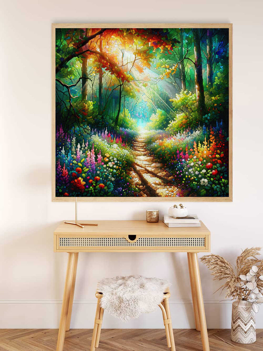 Malen nach Zahlen - Waldschein Kunstwerk mit farbenprächtigem Waldweg und Wildblumen, Sonnenlicht strömt durch das dichte Blätterdach
