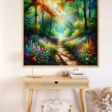 Malen nach Zahlen - Waldschein Kunstwerk mit farbenprächtigem Waldweg und Wildblumen, Sonnenlicht strömt durch das dichte Blätterdach