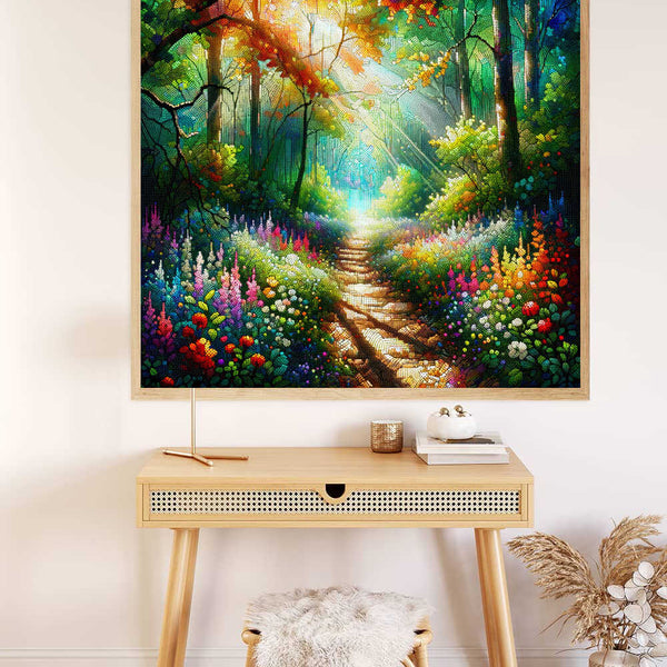Malen nach Zahlen - Waldschein Kunstwerk mit farbenprächtigem Waldweg und Wildblumen, Sonnenlicht strömt durch das dichte Blätterdach