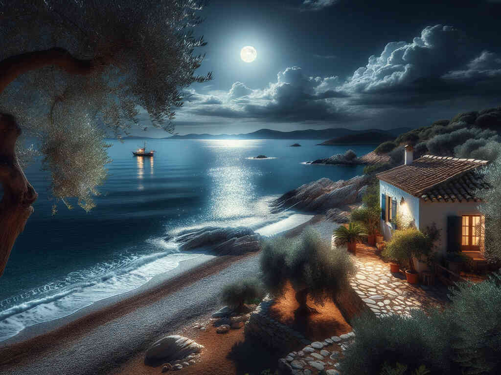 Serene moonlit ocean scene with a cozy coastal cottage and a boat in the distance.