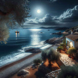 Serene moonlit ocean scene with a cozy coastal cottage and a boat in the distance.
