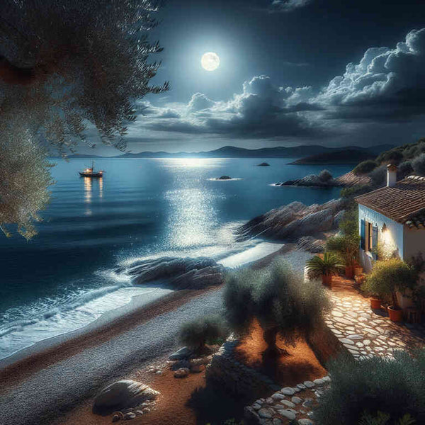 Serene moonlit ocean scene with a cozy coastal cottage and a boat in the distance.