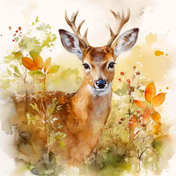 Diamond Painting of deer in lush autumn forest with colorful leaves and berries