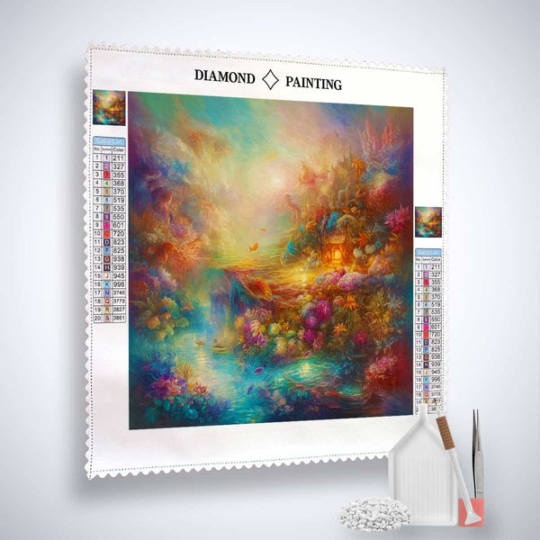 Diamond Painting Kit - Hain der Träume with acrylic diamonds, canvas, and tools