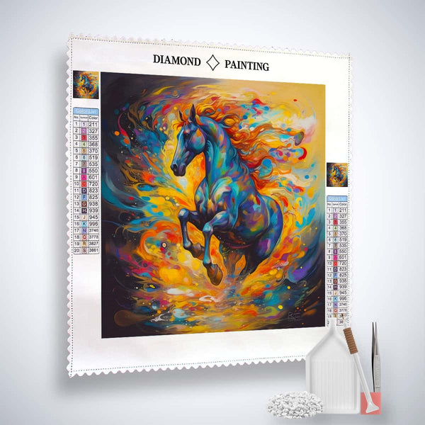 Diamond Painting Kit featuring a galloping horse on a vibrant, colorful canvas with included tools and acrylic diamonds.
