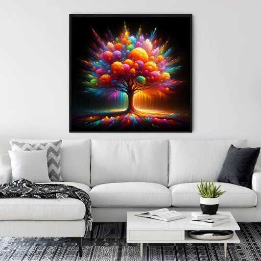 Modern living room with a vibrant "Malen nach Zahlen - Prachtvoller Wunderbaum" painting depicting a colorful and magical tree above a white sofa.