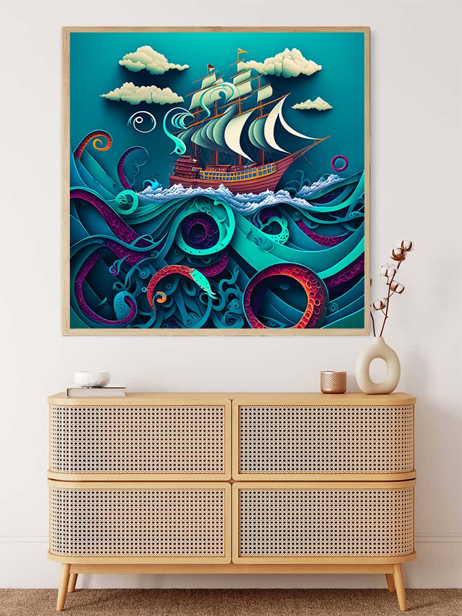 Painting By Numbers - Deep Sea Art featuring a ship sailing through turquoise waves with vibrant tentacles, displayed above wooden drawers