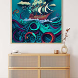 Painting By Numbers - Deep Sea Art featuring a ship sailing through turquoise waves with vibrant tentacles, displayed above wooden drawers