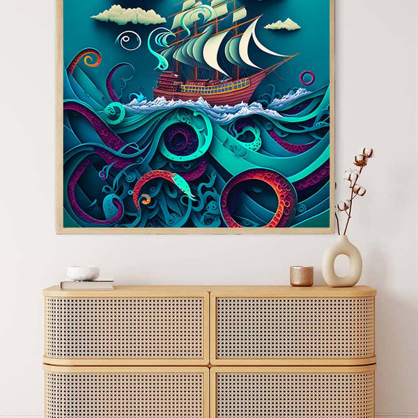 Painting By Numbers - Deep Sea Art featuring a ship sailing through turquoise waves with vibrant tentacles, displayed above wooden drawers
