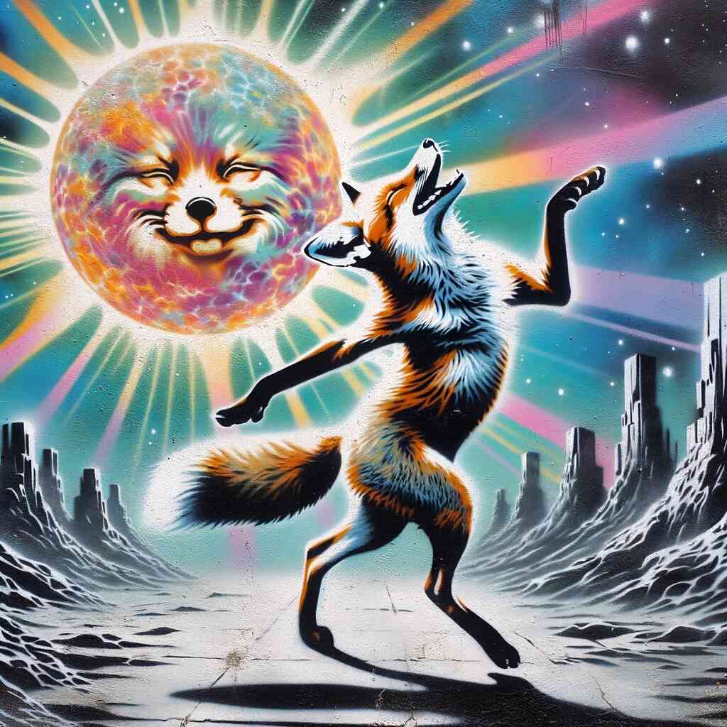 Dancing fox under colorful cosmic sun in a futuristic landscape – Malen nach Zahlen - Kosmisches Tanzritual painting kit