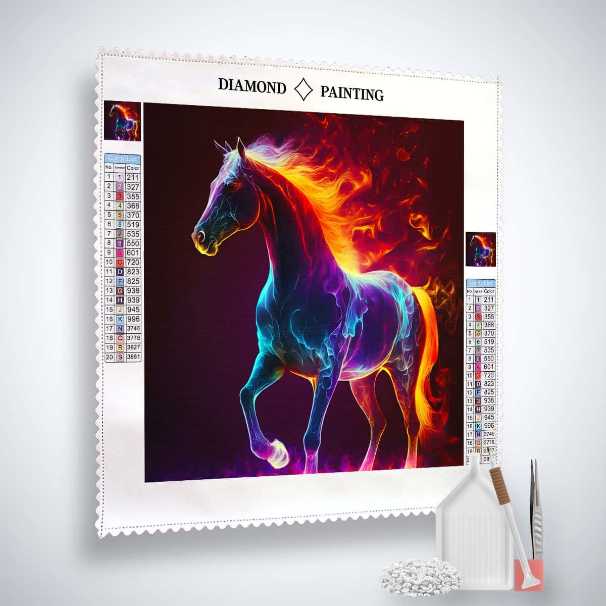 Diamond Painting Kit with vibrant horse design, acrylic diamonds, setzstift, fine tweezer, and canvas