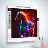 Diamond Painting Kit with vibrant horse design, acrylic diamonds, setzstift, fine tweezer, and canvas