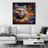 Diamond painting of a colorful cat displayed in a modern living room.
