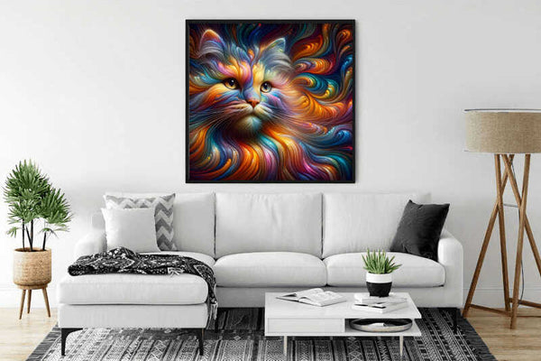 Diamond painting of a colorful cat displayed in a modern living room.